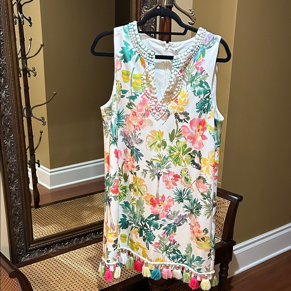 Badgley Mischka Collection Beaded Floral-Print Tassel-Trim Mini Dress